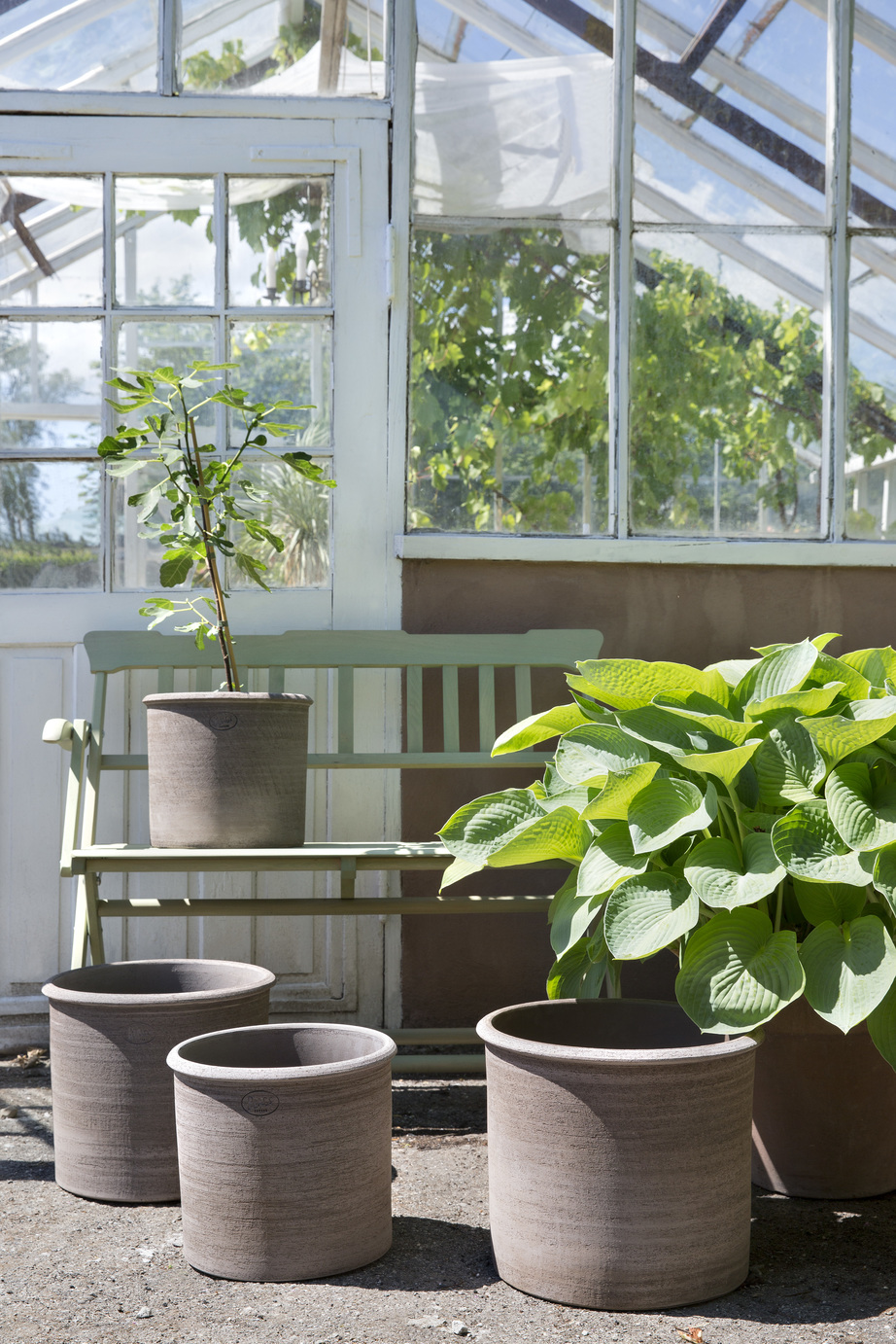 Four raw grey outdoor pots in a greenhouse.