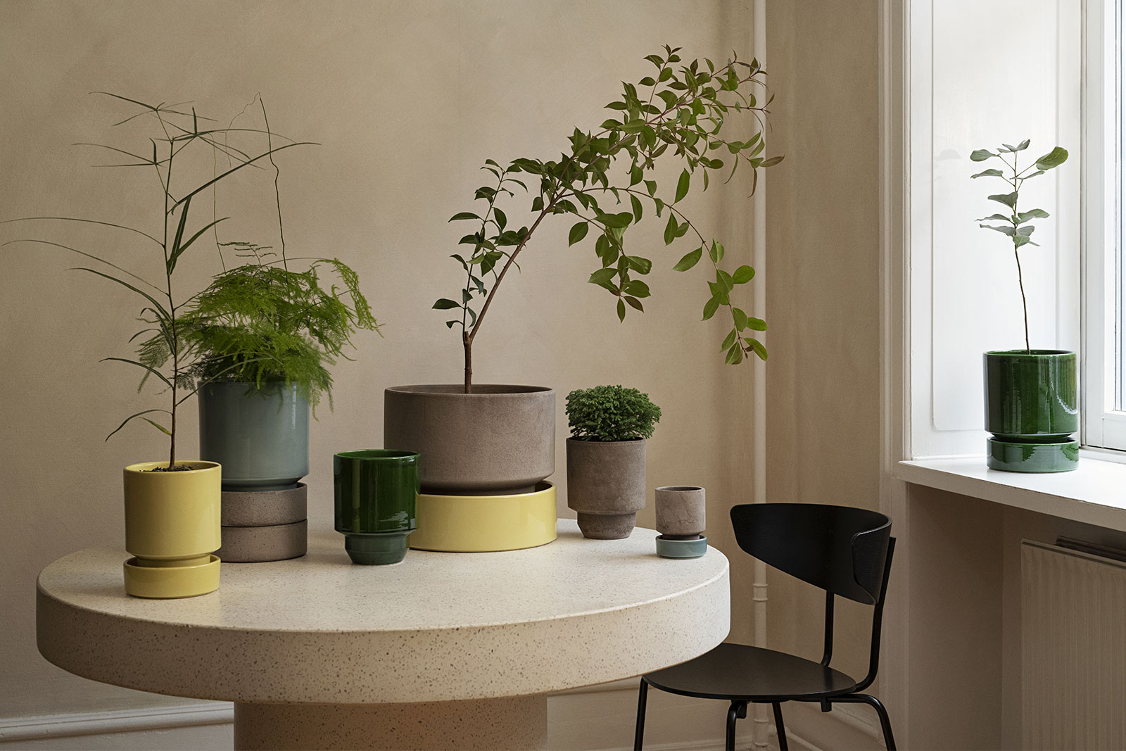 Bergs Potter Hoff Collection. Pots and cachepot Grey raw terracotta, emerald green, pale yellow and misty blue