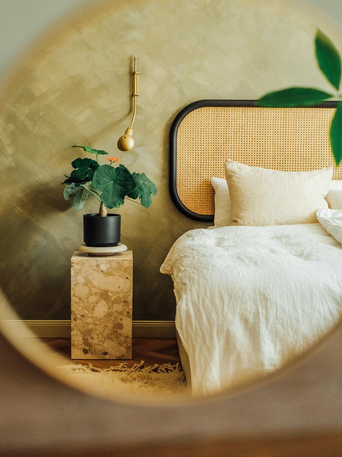 Forest night Bergs Potter Lily pot with sandstone saucer on bedside table